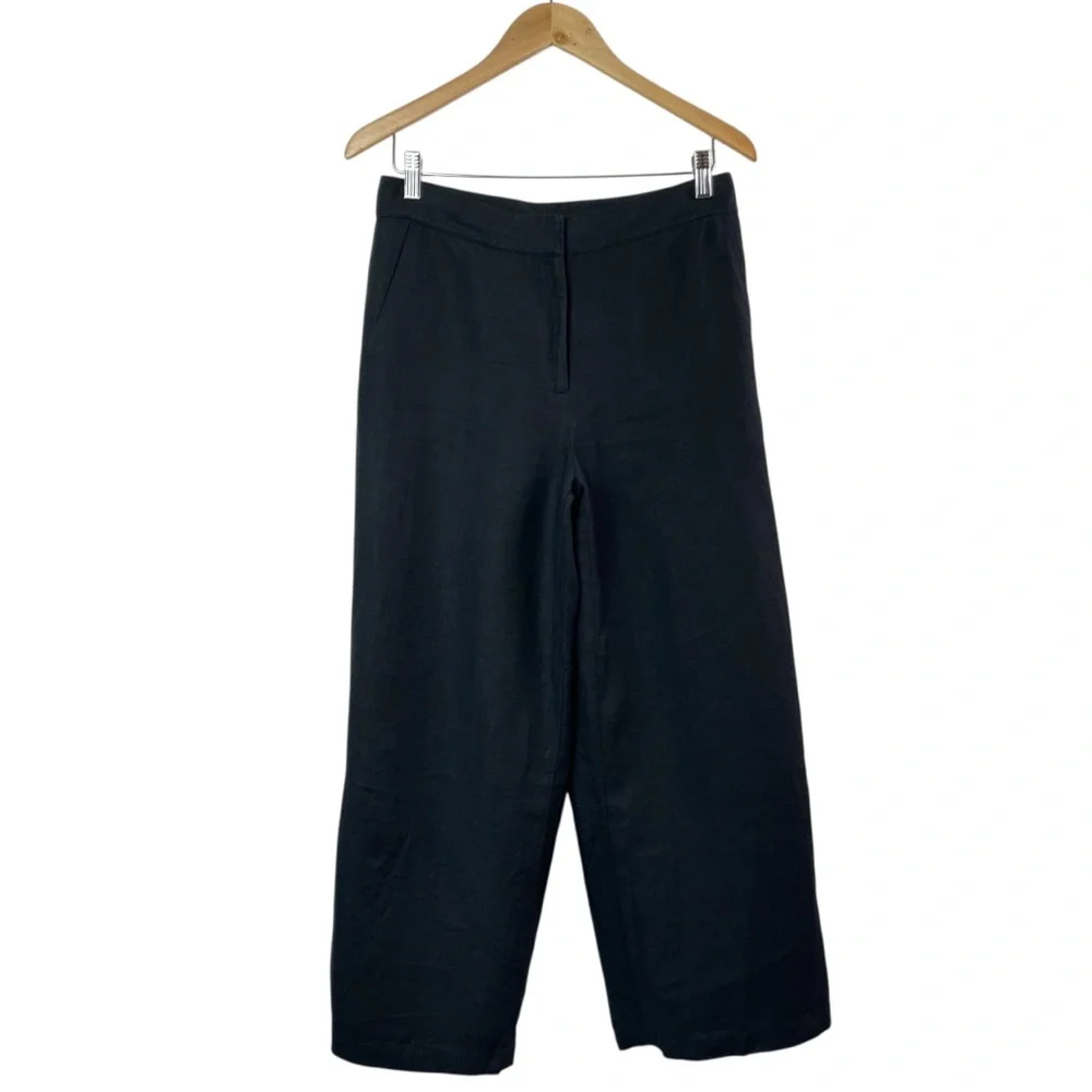 Eileen Fisher Black Flat Front High-Rise Wide Leg Ankle Crop Linen Pants Small - Picture 2 of 16